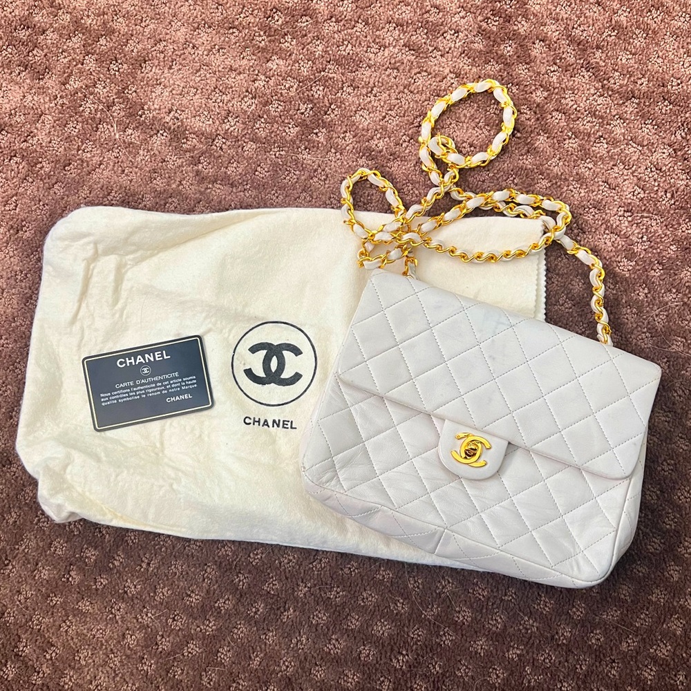 CHANEL Mini Matelasse Chain Crossbody Shoulder Bag Lambskin Leather White
